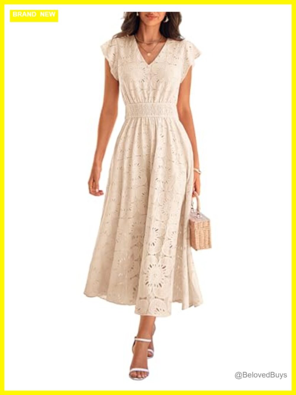 Eyelet Maxi Dress V-Neck Ruffle Sleeve A-Line Beach Wedding Guest
